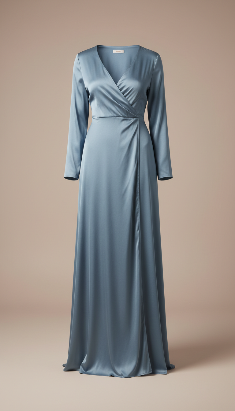 Mist blue satin wrap gown